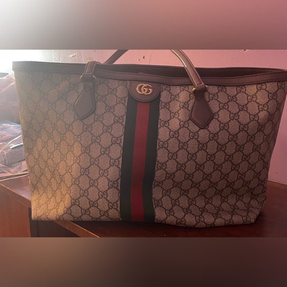 Gucci Handbags - Gucci Beige Monogram Tote with Red and Green Stripe